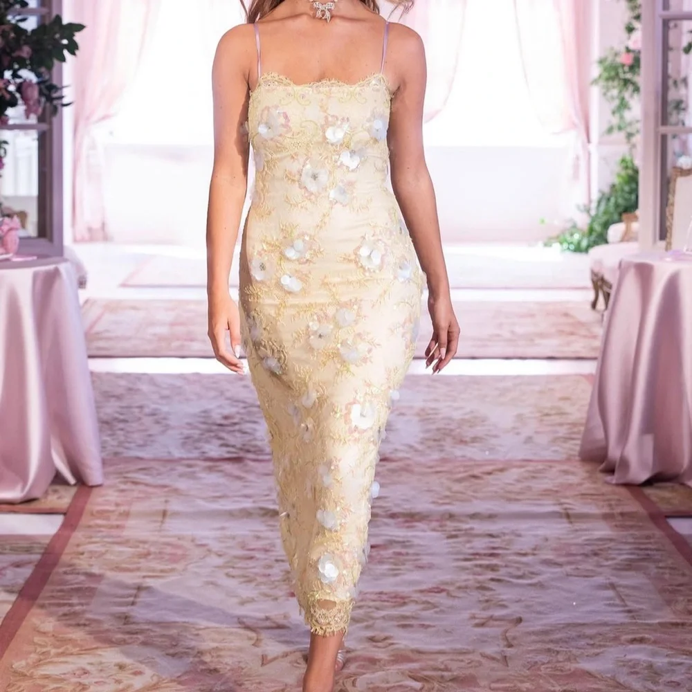 LoveShackFancy Emalia Beaded Yellow French Lace Dress - Picture 3 of 15